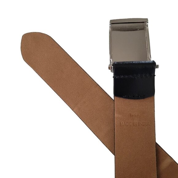 Cole Haan Black Leather Belt Cut Edge Silver Tone Plaque Buckle Size 34 - Picture 4 of 9